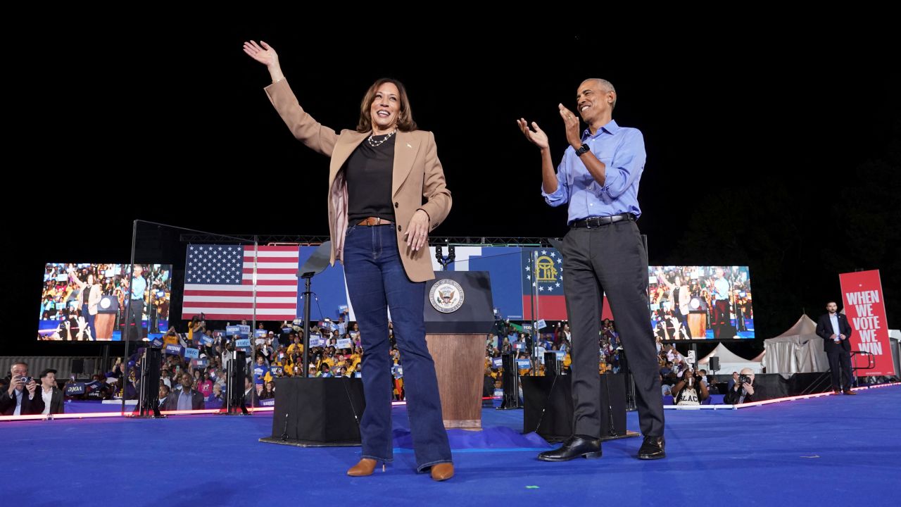 Former US President Barack Obama attends a rally for Democratic presidential nominee US Vice President Kamala Harris in Georgia, on October 24.