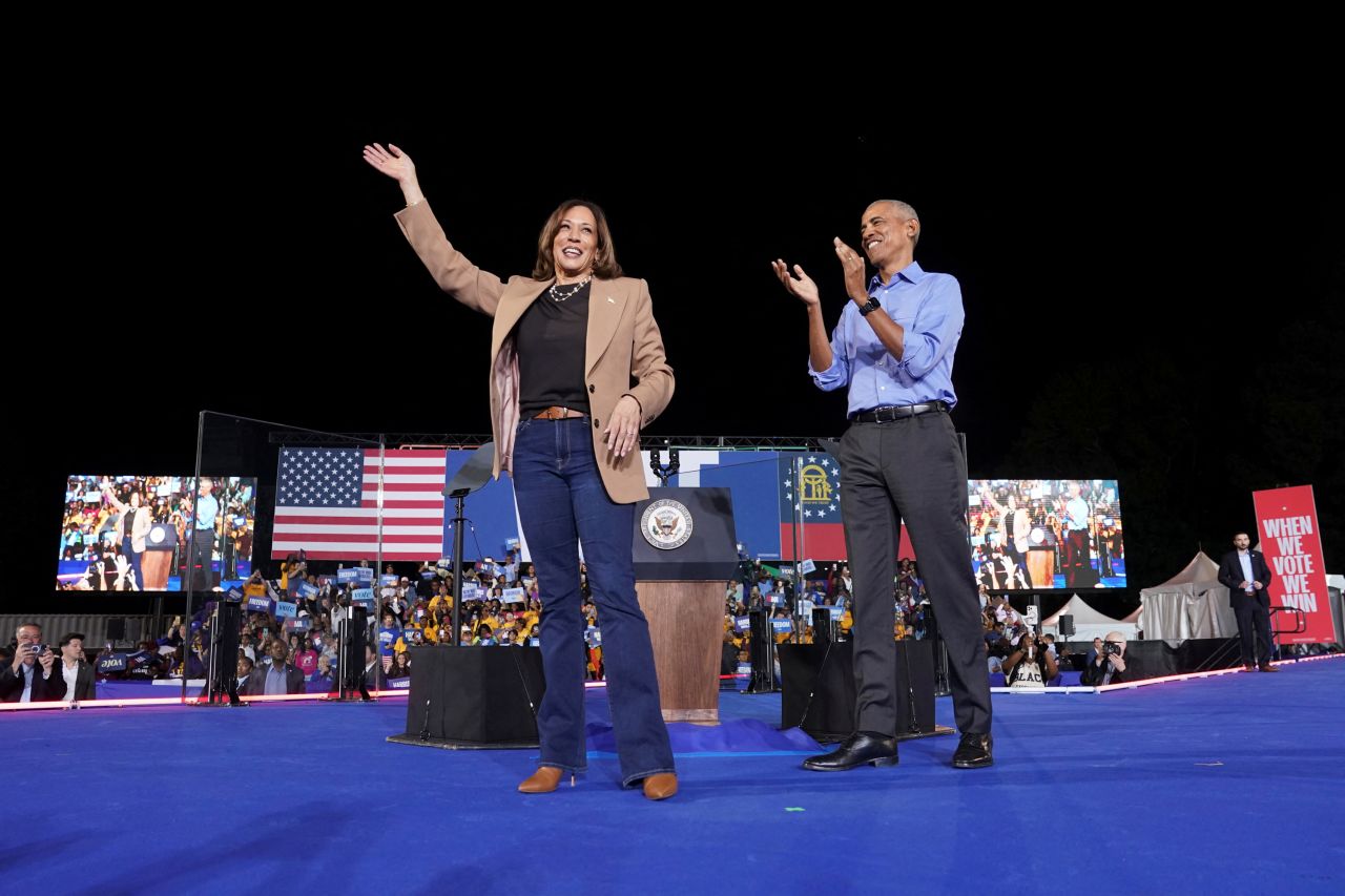 Former US President Barack Obama attends a rally for Democratic presidential nominee US Vice President Kamala Harris in Georgia, on October 24.