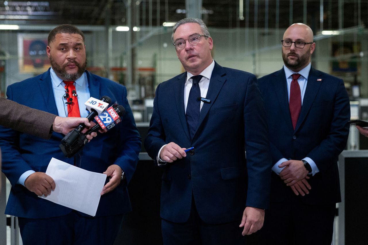 Pennsylvania Secretary of the Commonwealth Al Schmidt and Philadelphia City Commissioners Chairman Omar Sabir and Seth Bluestein host a walkthrough of the ballot counting center in Philadelphia on October 25.