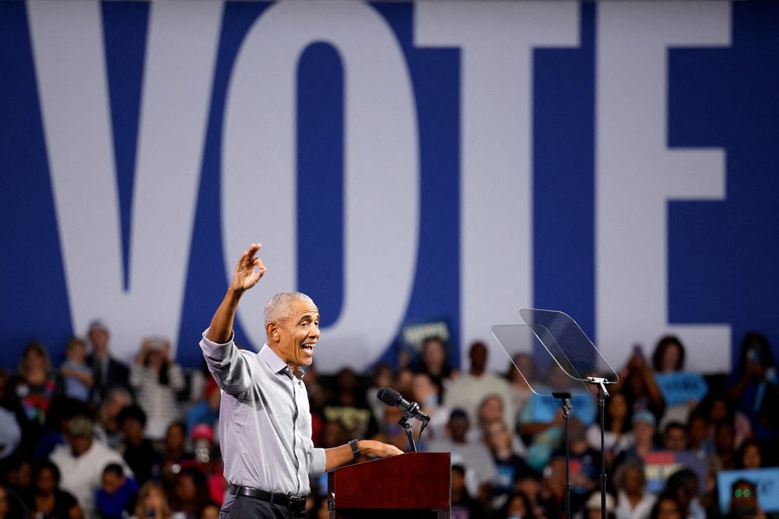 Former President Barack Obama campaigns for Kamala Harris in Charlotte, North Carolina, on October 25.