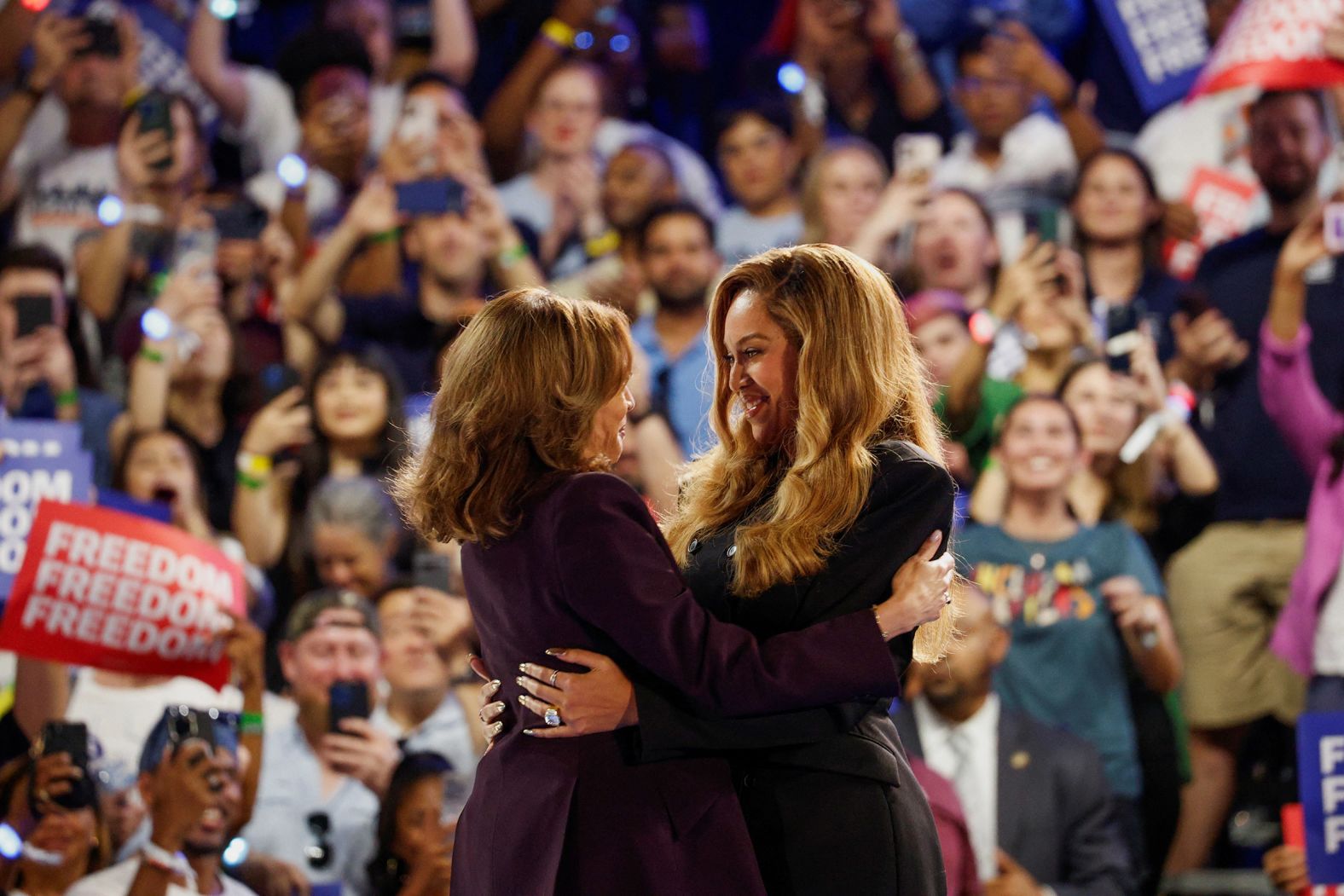 Singer Beyoncé embraces Harris at a <a href="index.php?page=&url=https%3A%2F%2Fwww.cnn.com%2F2024%2F10%2F25%2Fpolitics%2Fharris-reproductive-rights-texas-beyonce%2Findex.html">campaign rally in Houston</a> on October 25.