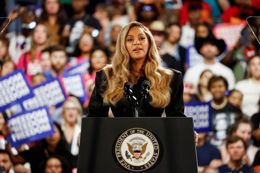 Singer Beyonce speaks during a campaign rally of Democratic presidential nominee U.S. Vice President Kamala Harris, in Houston, Texas, U.S., October 25, 2024.