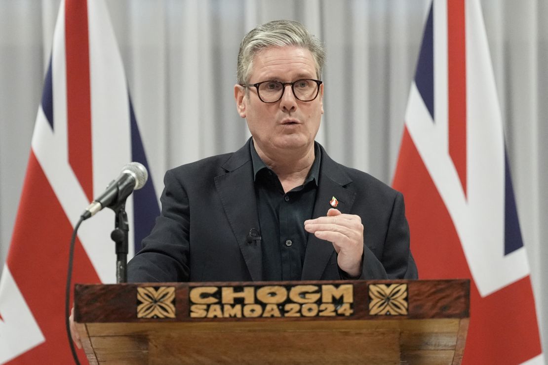 British Prime Minister Keir Starmer attends a press conference during the Commonwealth Heads of Government Meeting in Samoa.