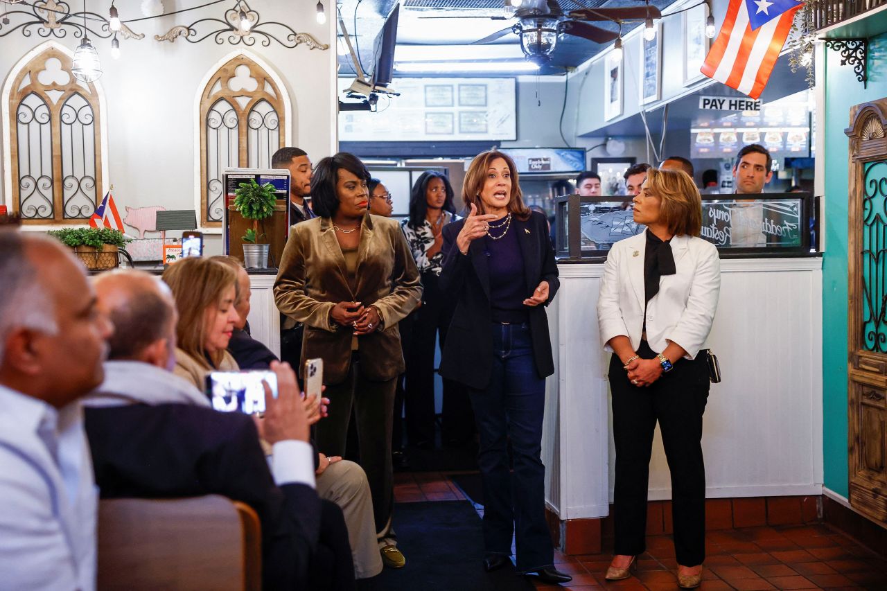 Vice President Kamala Harris speaks during a visit at the Freddy and Tony's, a locally-owned Puerto Rican restaurant, as she campaigns in Philadelphia, Pennsylvania, on October 27.