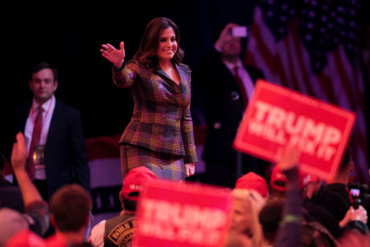 Elise Stefanik waves during a rally for Republican presidential nominee Donald Trump at Madison Square Garden in New York, on October 27.