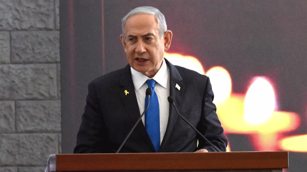 Israeli Prime Minister Benjamin Netanyahu speaks at a memorial ceremony in Jerusalem, on Monday.