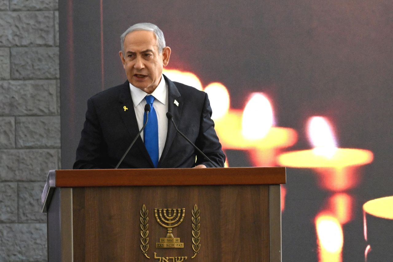 Israeli Prime Minister Benjamin Netanyahu speaks at a memorial ceremony in Jerusalem, on Monday.