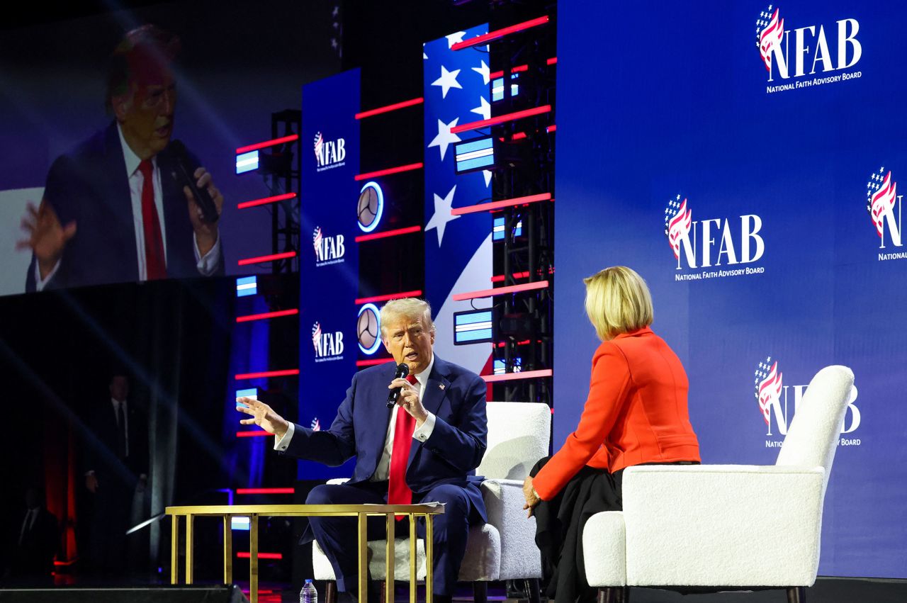 Former President Donald Trump participates in a Q&A at the National Faith Advisory Summit in Georgia on Monday.