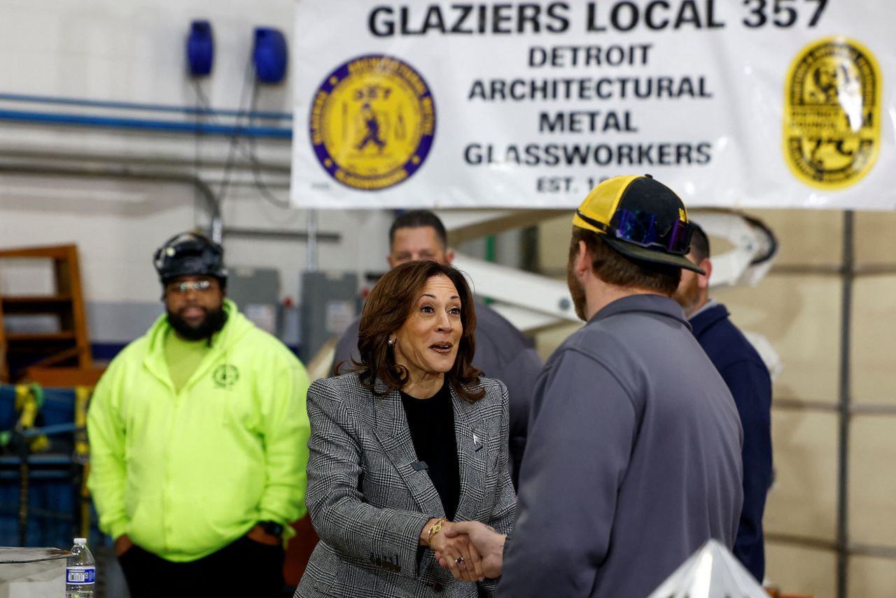 Vice President Kamala Harris visits the International Union of Painters and Allied Trades District Council 1M in Warren, Michigan, on Monday.