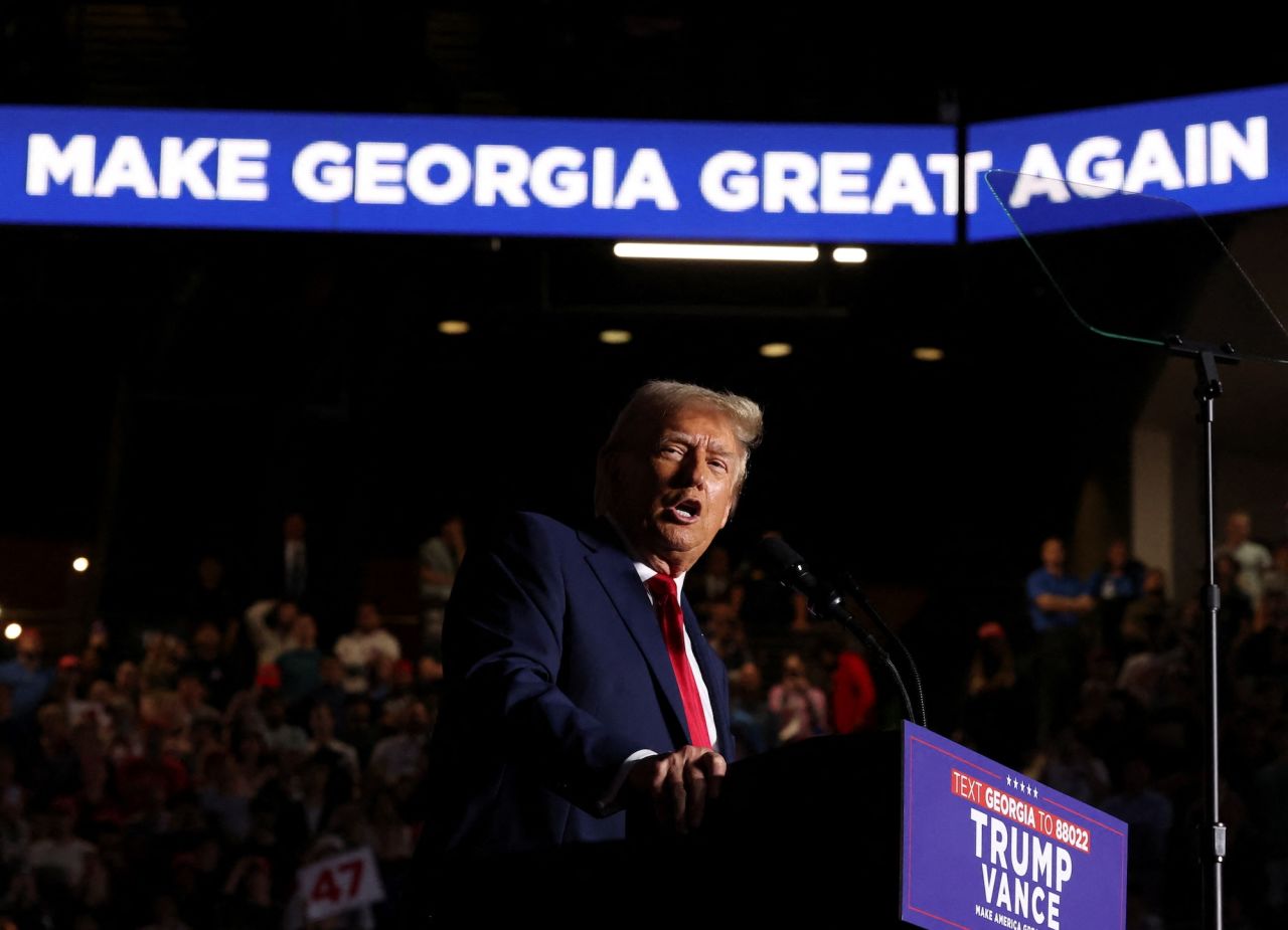 Former President Donald Trump speaks at a campaign rally at McCamish Pavilion in Atlanta on October 28.