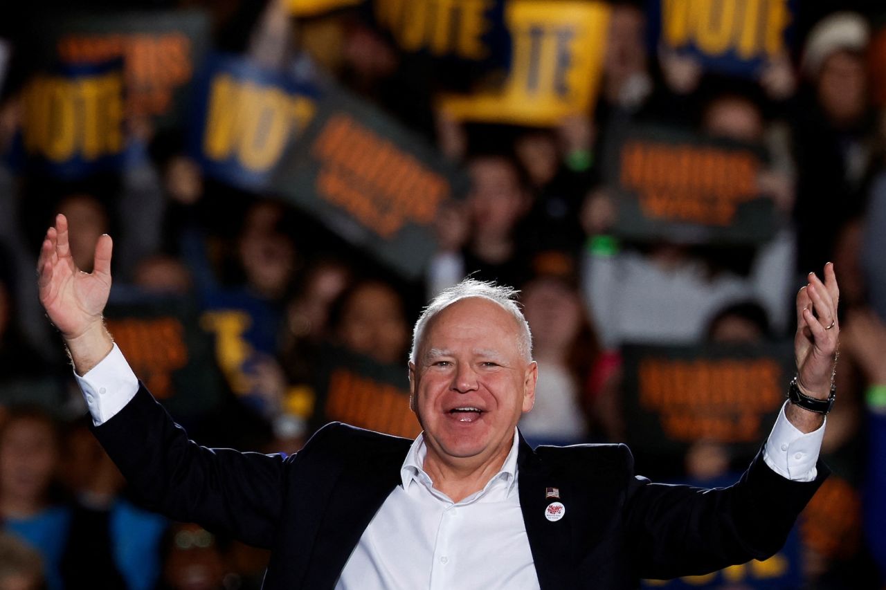 Democractic Vice-Presidential candidate Tim Walz is seen at a rally in Ann Arbor, Michigan, on Michigan