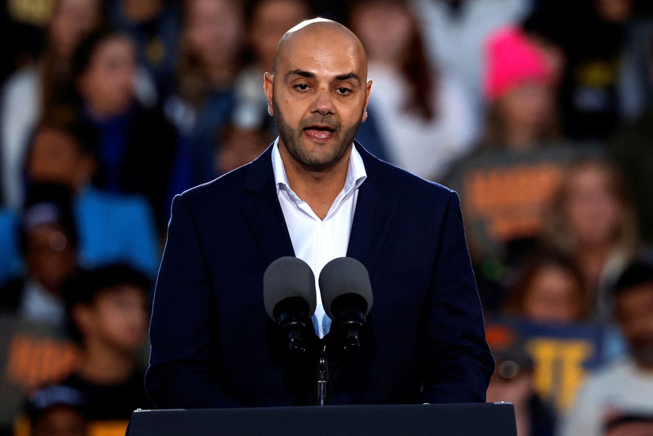 Assad Turfe speaks during a campaign rally for Vice President Kamala Harris in Ann Arbor, Michigan, on October 28.