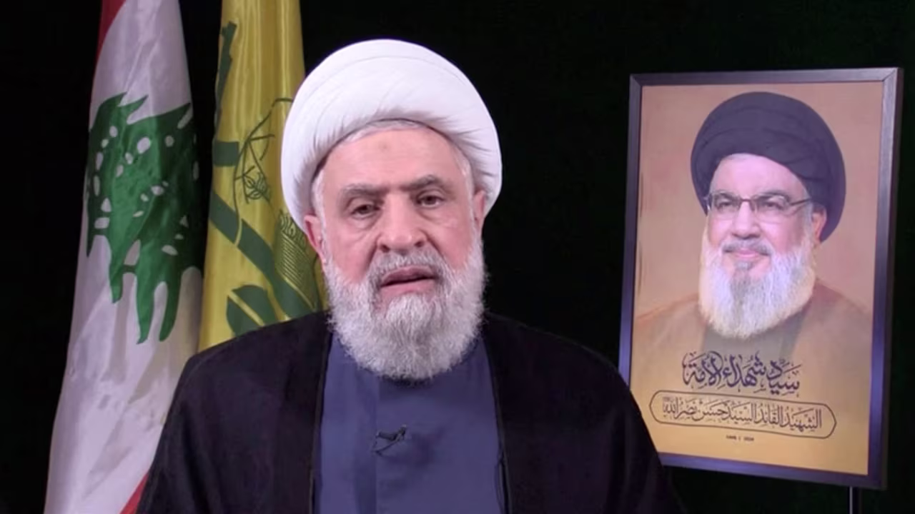 Lebanon's Hezbollah new leader Sheikh Naim Qassem delivers a speech from an unknown location on October 30, 2024 in this still image from video.