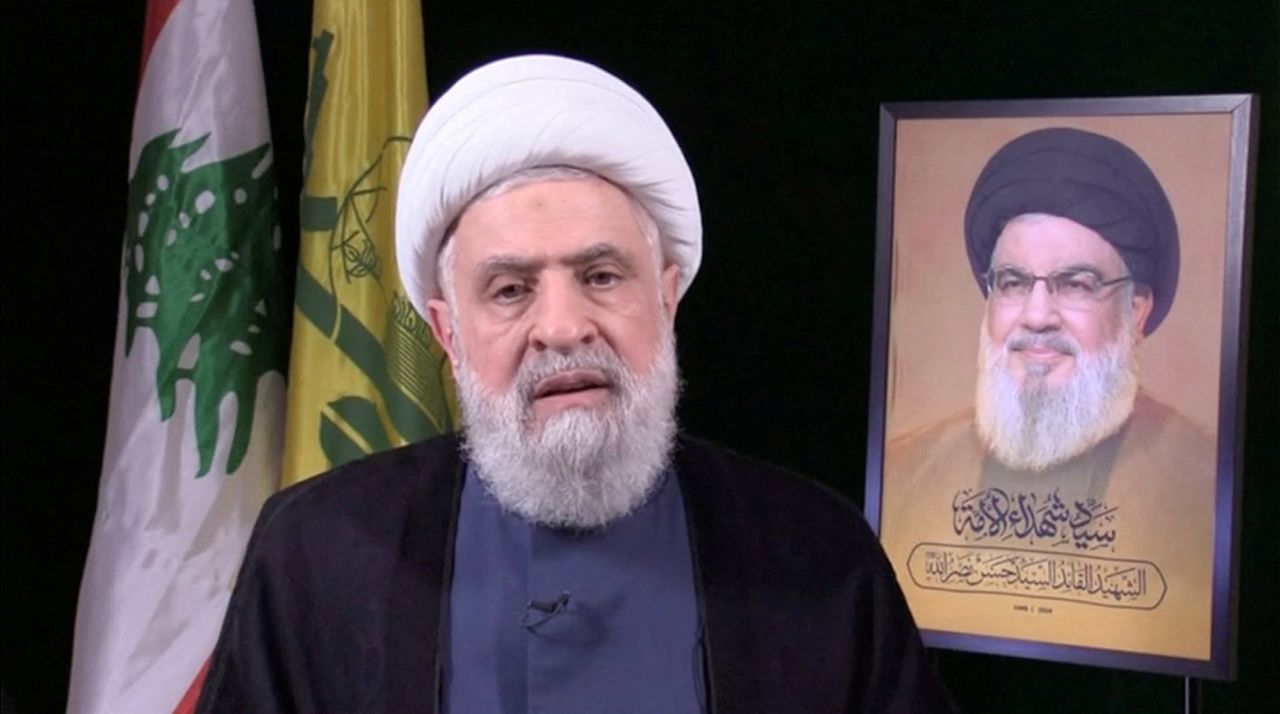 Lebanon's Hezbollah new leader Sheikh Naim Qassem delivers a speech from an unknown location on October 30, 2024 in this still image from video.