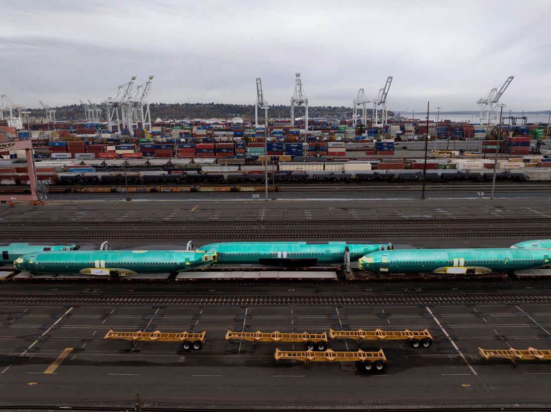 Boeing 737 Max fuselages sit on railcars during an ongoing strike by the company's factory workers in Seattle.