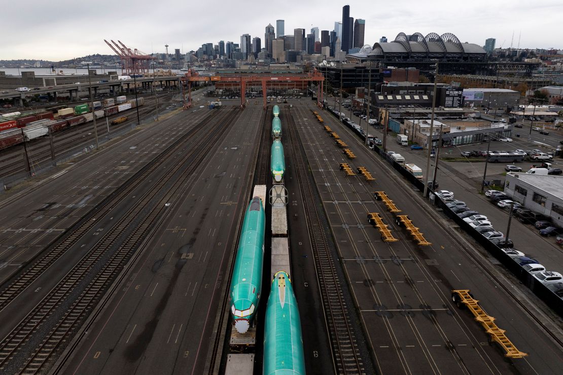 Boeing 737 Max fuselages sit on railcars in Seattle during an ongoing strike by the company’s factory workers. The strike is affecting suppliers and their employees spread across all 50 states.