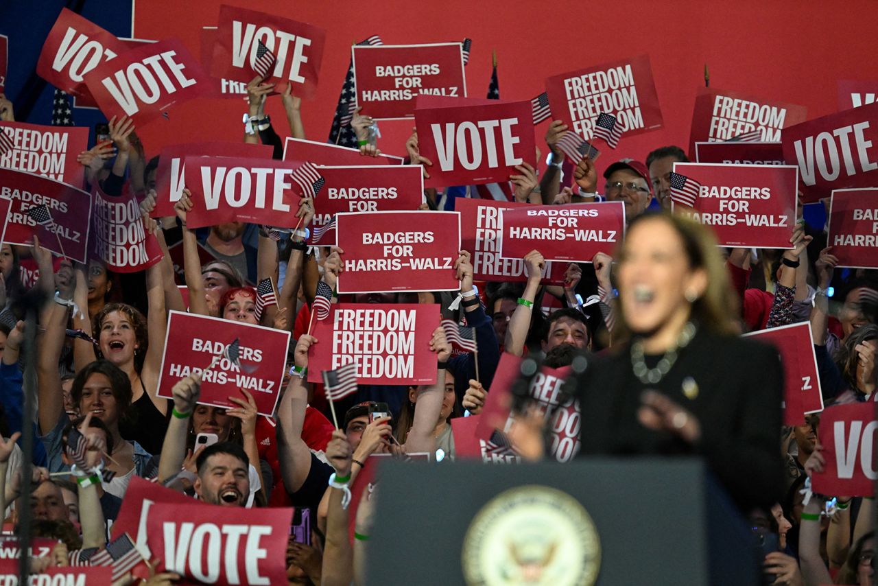 Democratic presidential nominee Vice President Kamala Harris speaks at a campaign rally in Madison, Wisconsin, on October 30, 2024.