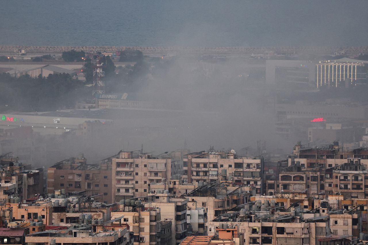 Smoke rises in the aftermath of an Israeli strike in Beirut as seen from Baabda, Lebanon, on November 1.