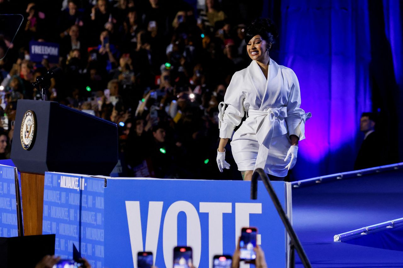 Cardi B attends a campaign rally for Vice President Kamala Harris in Milwaukee, Wisconsin, on November 1, 2024.