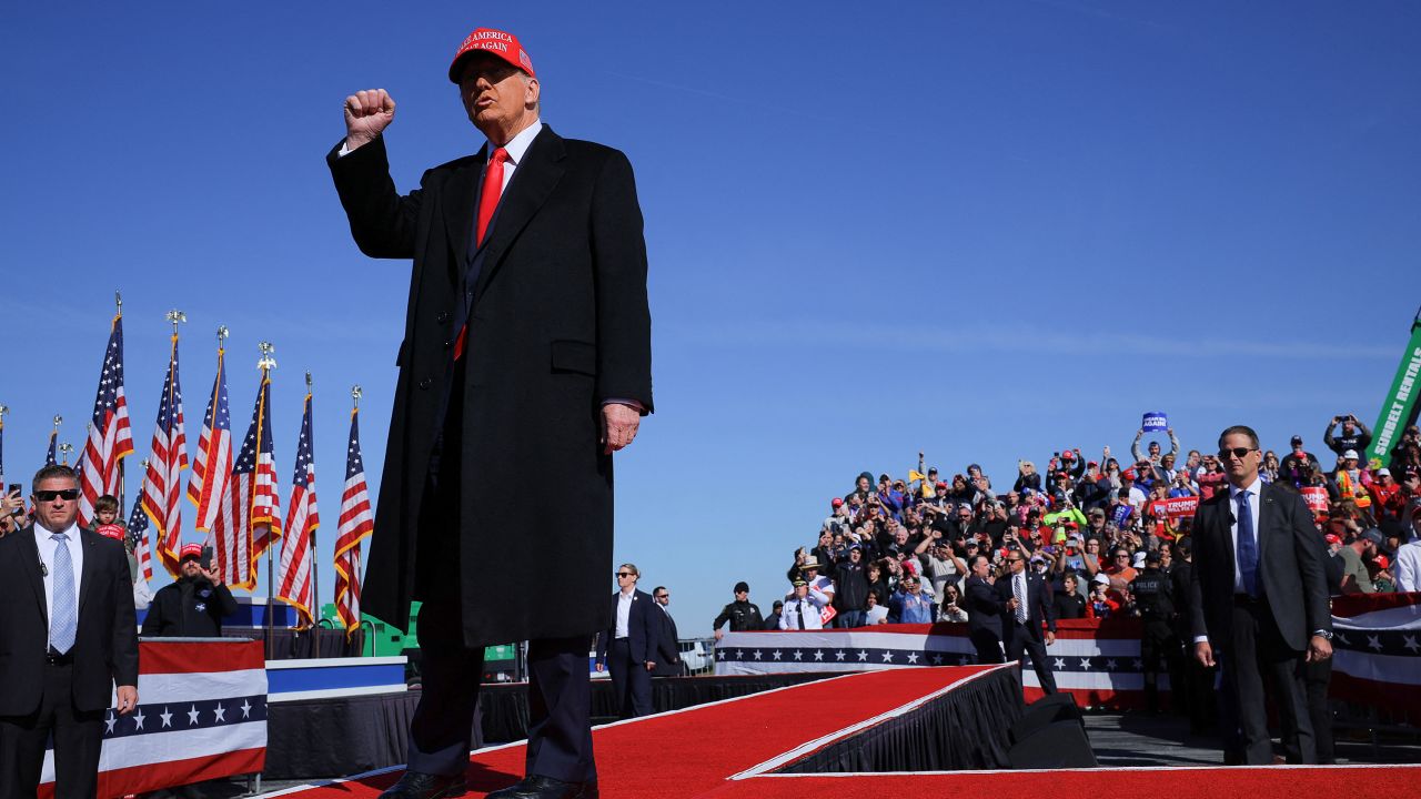 Republican presidential nominee and former U.S. President Donald Trump holds a rally in Lititz, Pennsylvania, U.S., November 3, 2024.