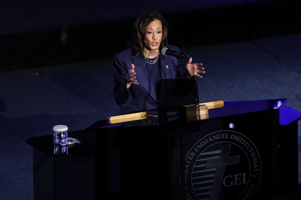 Vice President Kamala Harris speaks at the Greater Emmanuel Institutional Church of God in Christ in Detroit on Sunday.