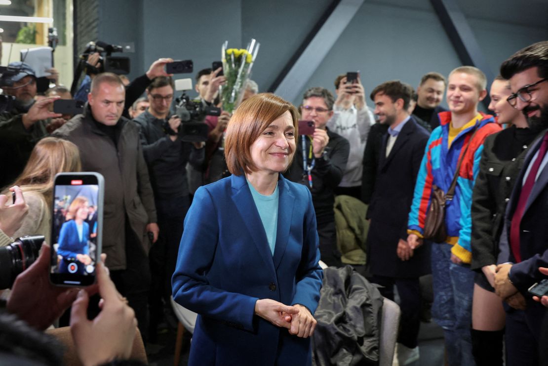 Moldova's incumbent President and presidential candidate Maia Sandu celebrates with supporters following the announcement of the preliminary results of the second round of the presidential election, at her campaign headquarters in Chisinau, Moldova November 3, 2024.