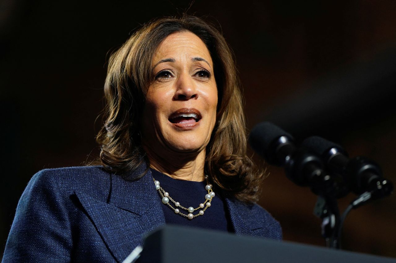 Vice President Kamala Harris speaks during a rally in East Lansing, Michigan, on Sunday.