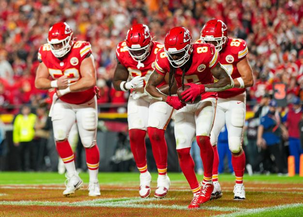 Kansas City Chiefs wide receiver DeAndre Hopkins celebrates a touchdown with a dance from the hit movie "Remember the Titans", during a game against the Tampa Bay Buccaneers in Kansas City, Missouri, on Monday, November 4. <a href="https://www.cnn.com/2024/11/05/sport/chiefs-defeat-buccaneers-patrick-mahomes-injury-scare-spt-intl/index.html">The Chiefs survived a rain storm and an injury scare to quarterback Patrick Mahomes</a> to defeat the Buccaneers 30-24 in overtime and improve to 8-0 on the season.