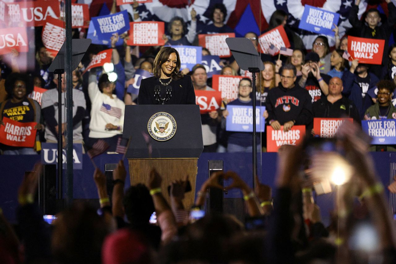 Vice President Kamala Harris appears during a campaign rally in Pittsburgh, Pennsylvania, on Monday, November 4.