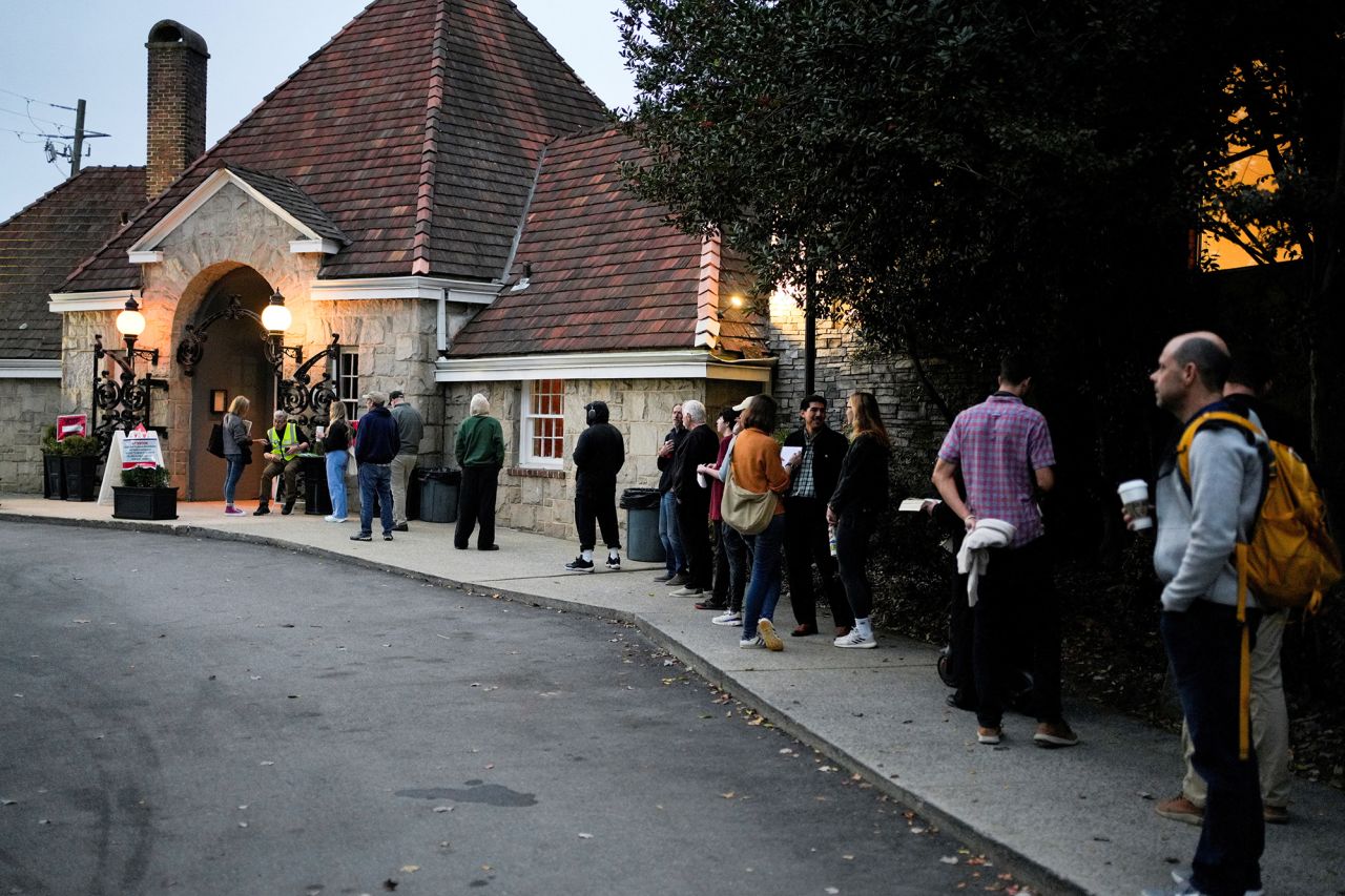 People line up to vote in the 2024 U.S. presidential election at Park Tavern in Atlanta, Georgia, on November 5.