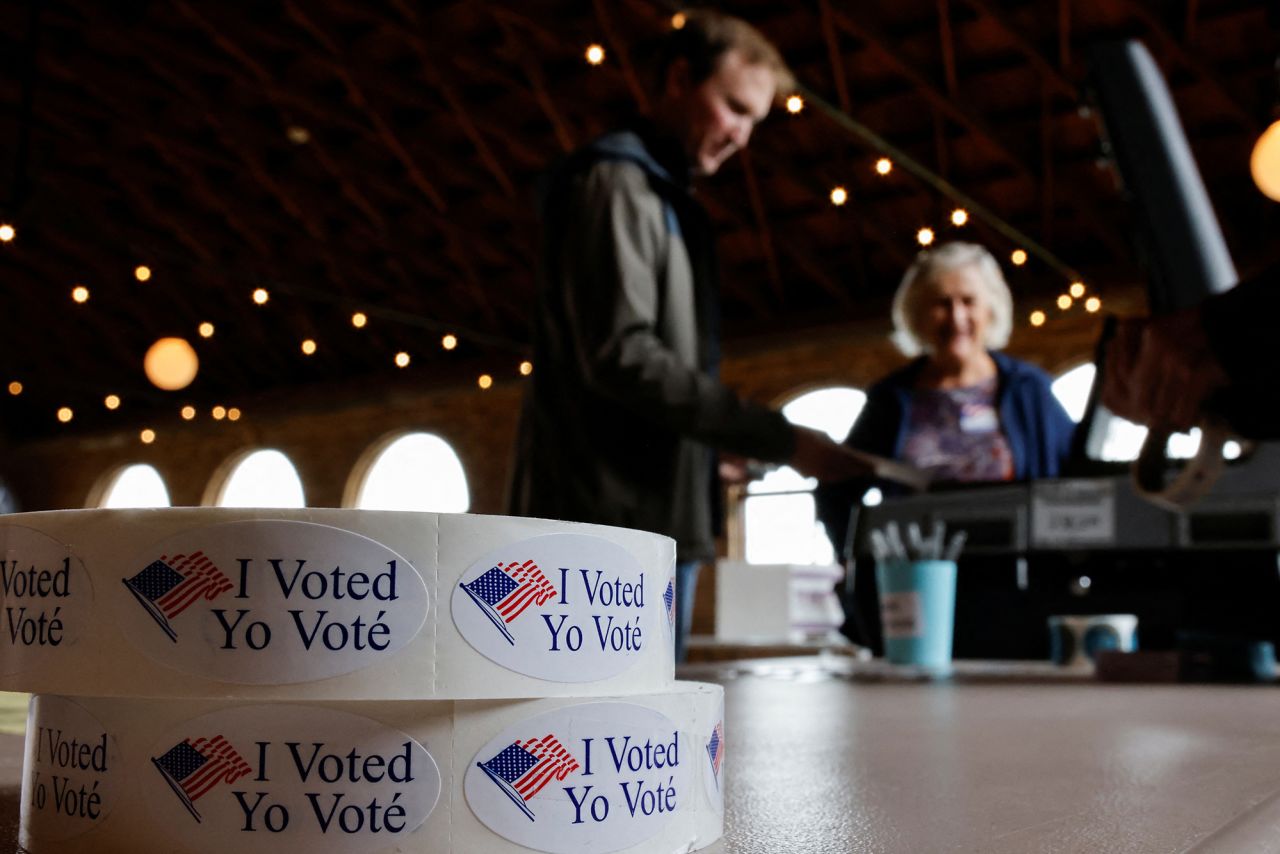 "I voted" stickers lie, as people vote in the 2024 U.S. presidential election on Election Day at South Shore Pavilion, in Milwaukee, Wisconsin, U.S., November 5, 2024.