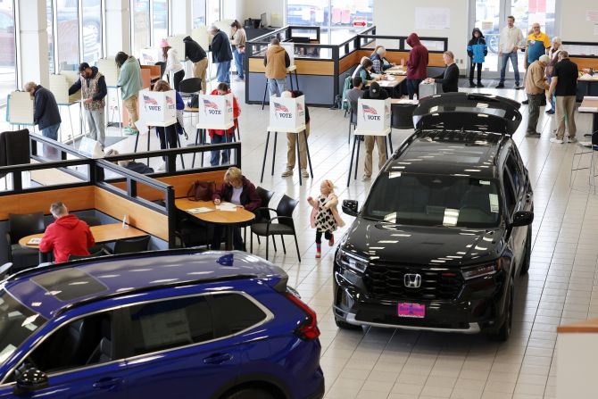 People vote in the showroom of a Honda dealership in Omaha, Nebraska, on Tuesday.