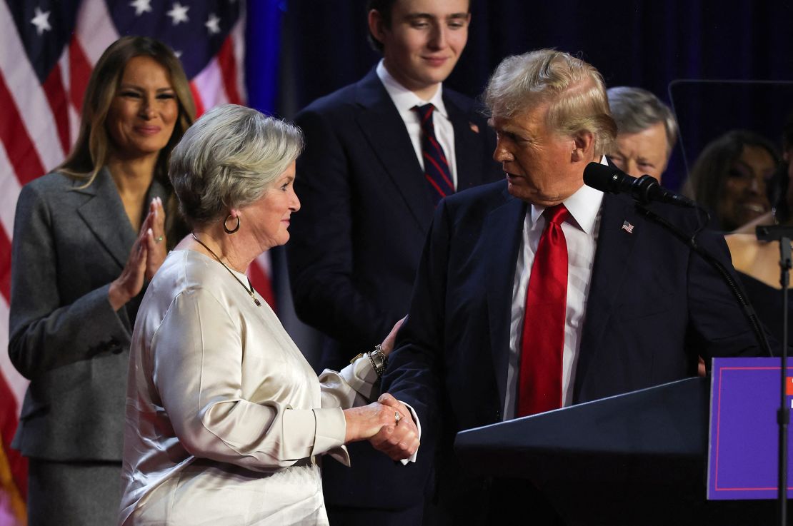 Donald Trump shakes hands with senior adviser Susie Wiles following early results from the 2024 election in Palm Beach County Convention Center, West Palm Beach, Florida, on November 6, 2024.