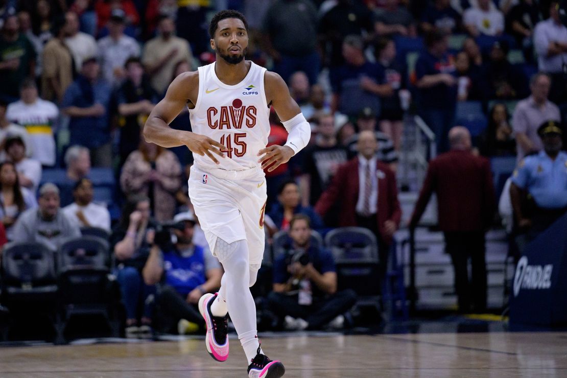 Cleveland Cavaliers guard Donovan Mitchell reacts after a three-point basket in the first half against the New Orleans Pelicans.