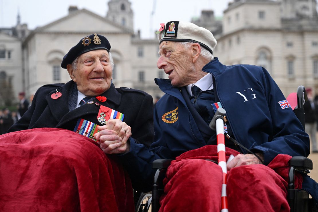 World War II veterans Alec Penstone and Mervyn Kersh meet on Horse Guards Parade ahead of the Royal British Legion’s march past the Cenotaph.