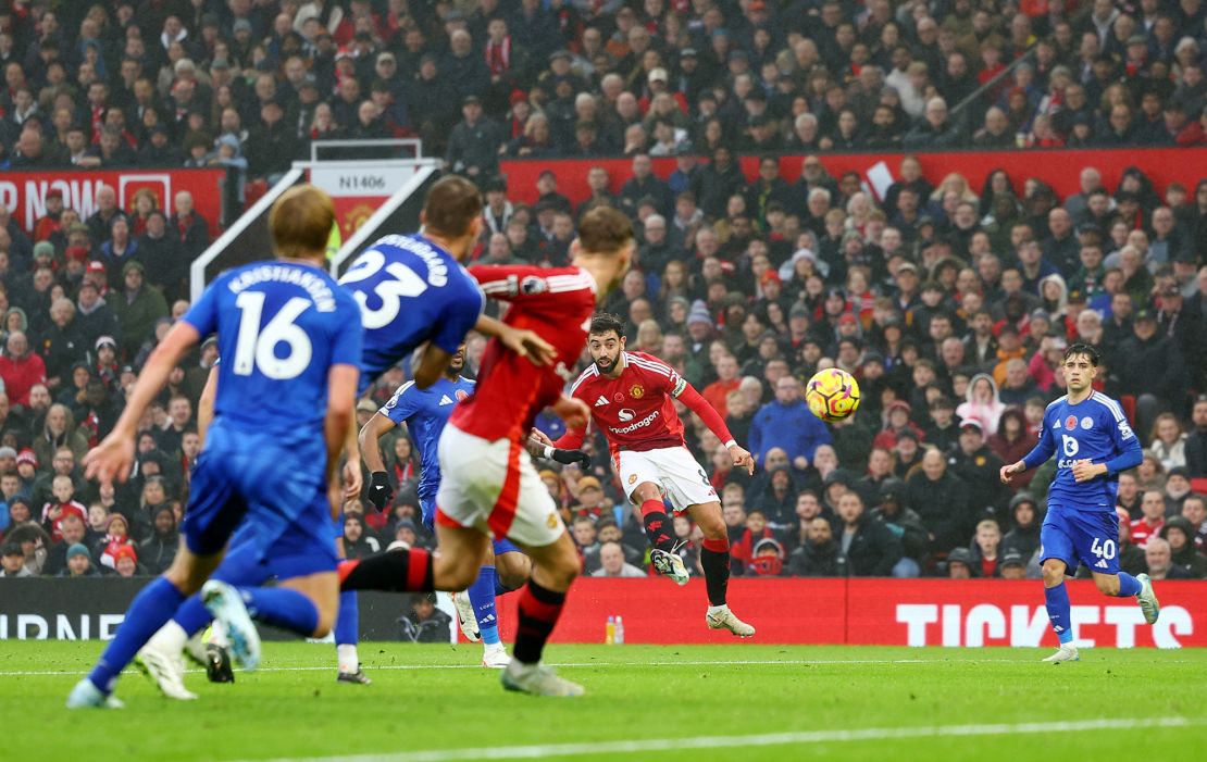 Manchester United's Bruno Fernandes scores the team's first goal against Leicester City.