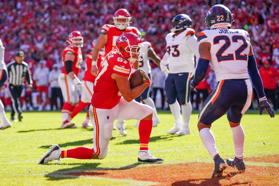 Kansas City Chiefs tight end Travis Kelce scores a touchdown against the Denver Broncos on Sunday November 10, 2024 at Arrowhead Stadium in Kansas City, Missouri.