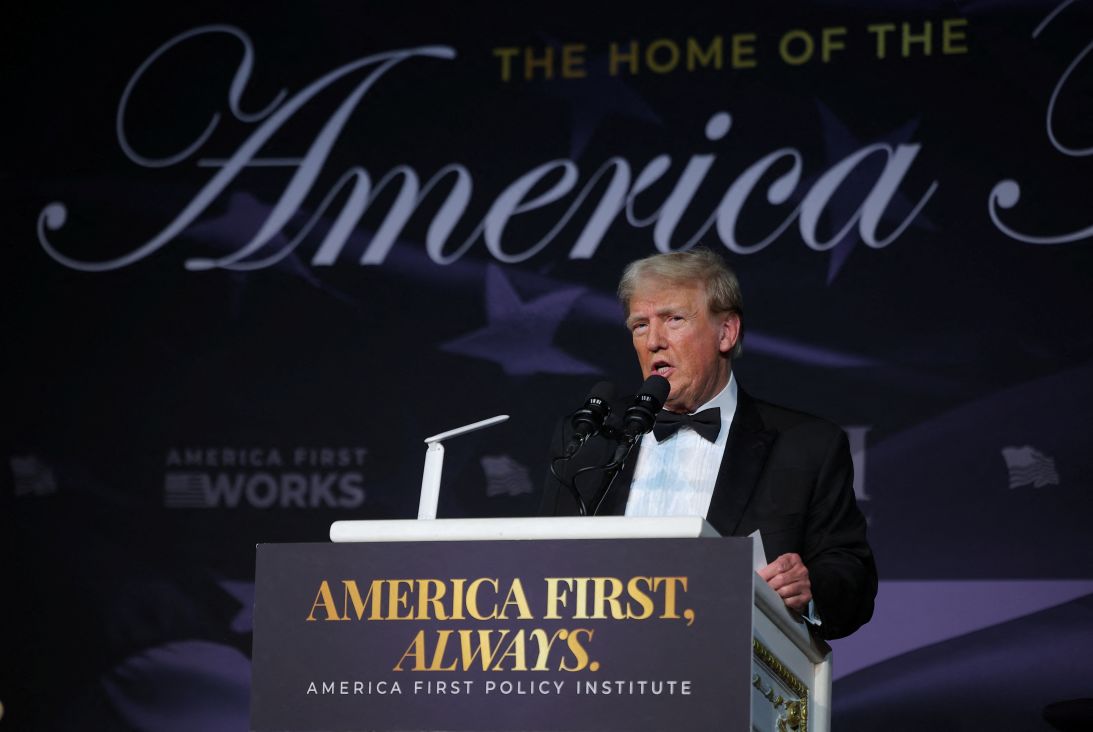 President Donald Trump seen speaking at the America First Policy Institute (AFPI) gala at Mar-A-Lago in Palm Beach, Florida, on November 14, 2024.