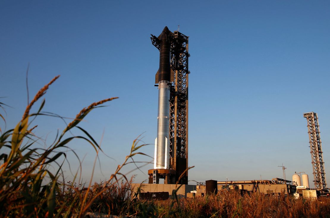 SpaceX's next-generation Starship spacecraft sits atop its powerful Super Heavy rocket booster on Saturday ahead of a sixth flight test at the company's launch pad near Brownsville, Texas.