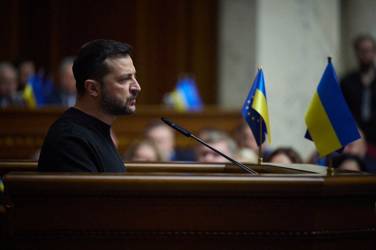 Ukraine's President Volodymyr Zelensky addresses lawmakers during a parliament session in Kyiv on Tuesday.