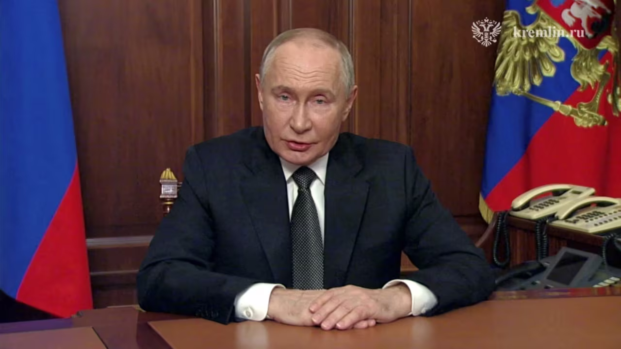 Russian President Vladimir Putin makes a televised address in Moscow, Russia, on November 21.
