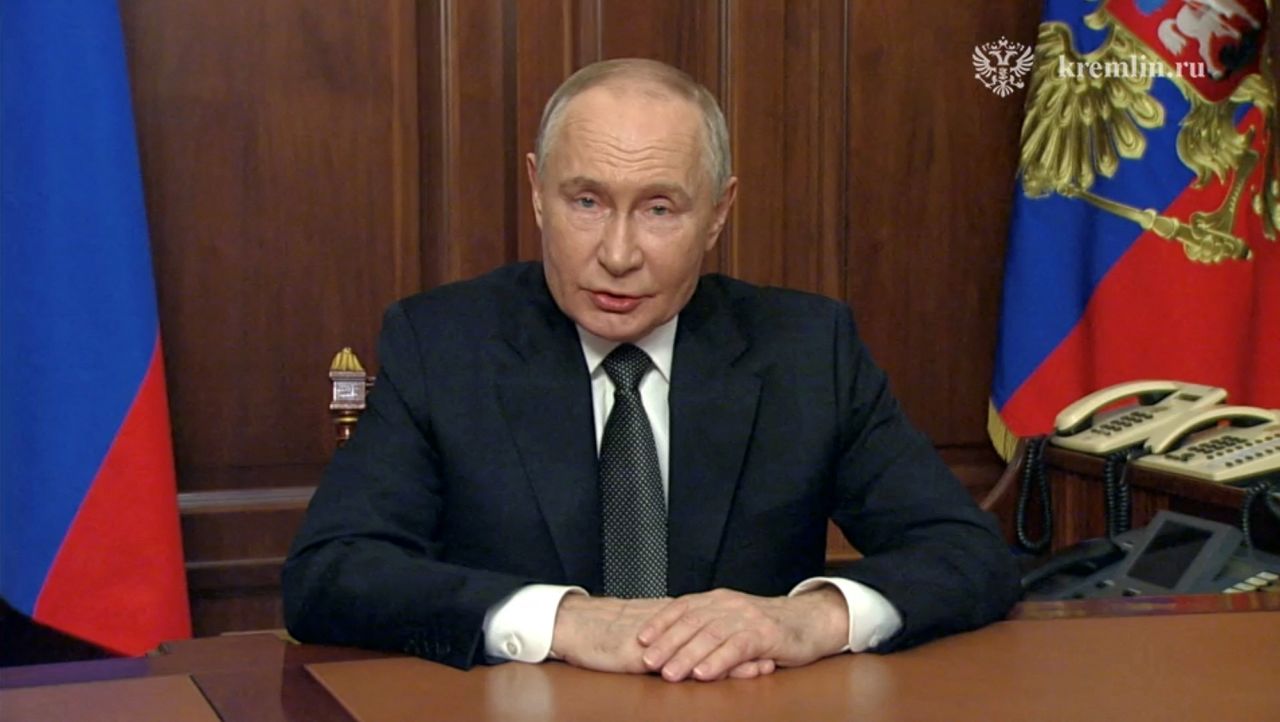 Russian President Vladimir Putin makes a televised address in Moscow, Russia, on November 21.