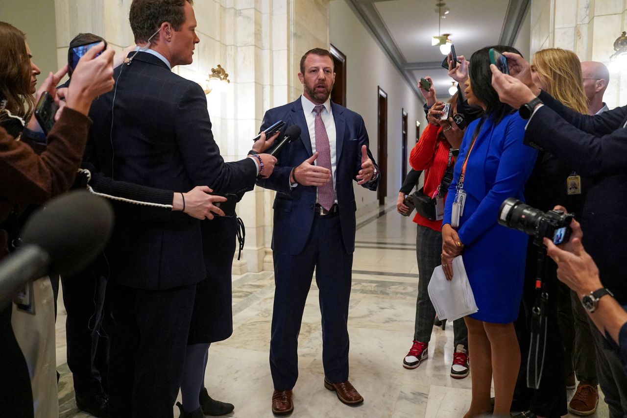 Sen. Markwayne Mullin speaks with the media following a meeting with Pete Hegseth in Washington, DC on November 21.