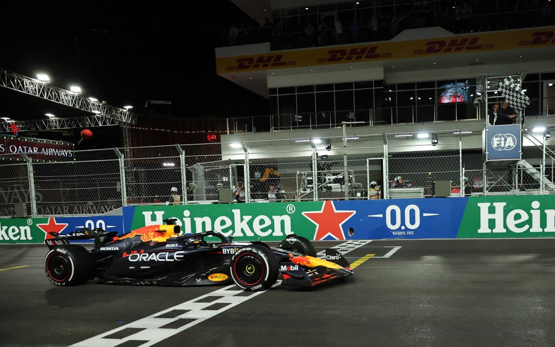 Verstappen crosses the line to finish the Grand Prix.