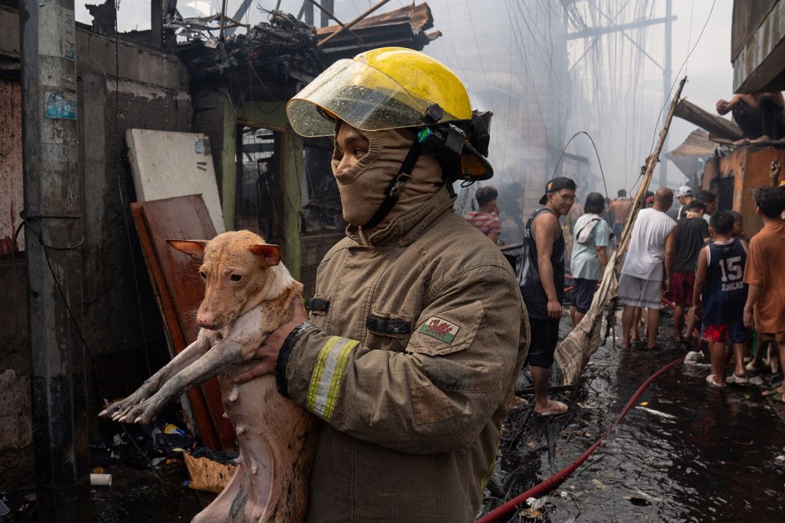 A firefighter carries a dog rescued from a fire in a slum area in Manila on November 24, 2024.