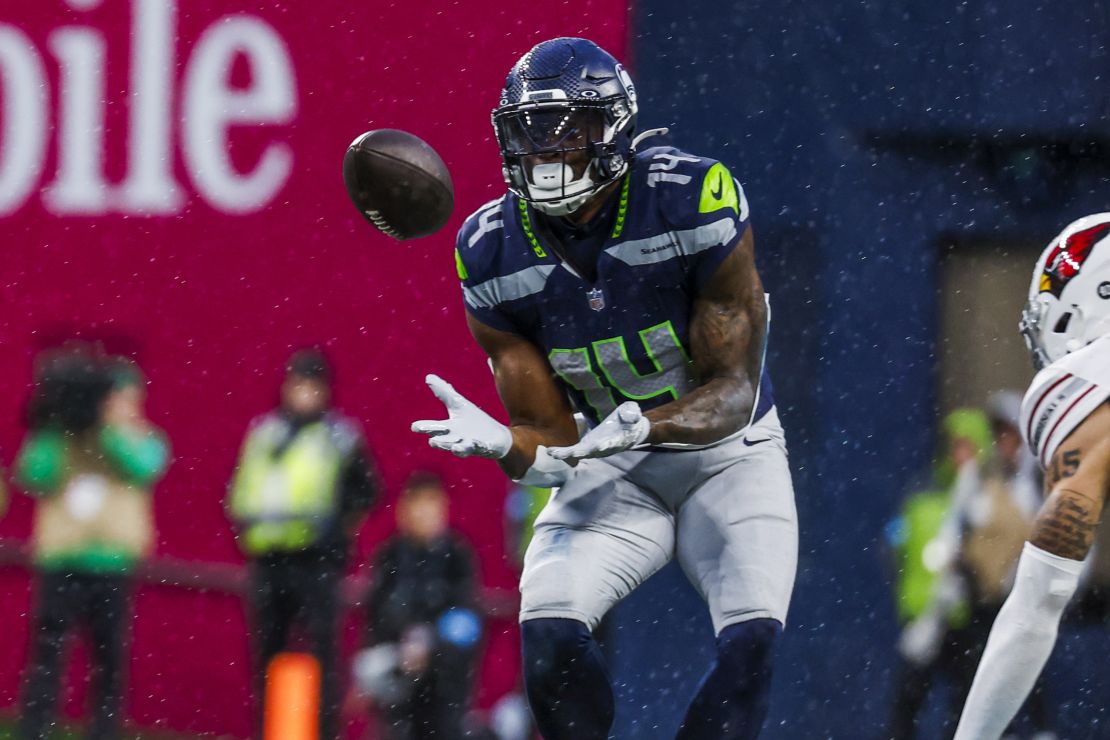 Nov 24, 2024; Seattle, Washington, USA; Seattle Seahawks wide receiver DK Metcalf (14) catches a pass against the Arizona Cardinals during the fourth quarter at Lumen Field. Mandatory Credit: Joe Nicholson-Imagn Images