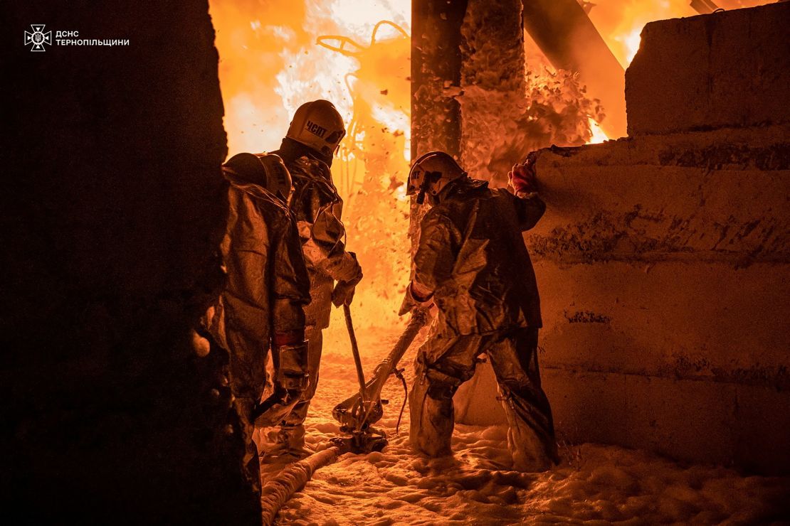 Rescuers work at the site of a Russian drone strike, amid Russia's attack on Ukraine, in Ternopil, Ukraine, in this handout picture released November 26, 2024. Press service of the State Emergency Service of Ukraine in Ternopil region/Handout via REUTERS ATTENTION EDITORS - THIS IMAGE HAS BEEN SUPPLIED BY A THIRD PARTY. MANDATORY CREDIT. DO NOT OBSCURE LOGO. TPX IMAGES OF THE DAY