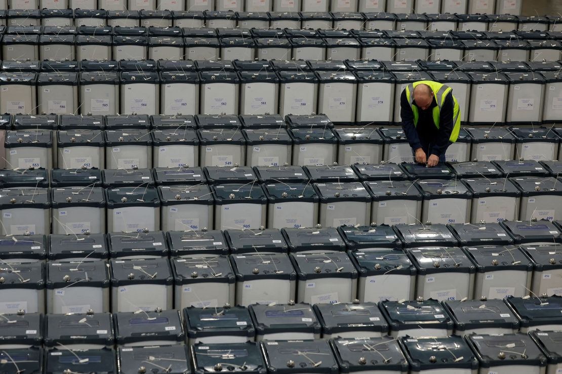 An elections worker checks the seal on empty ballot boxes that will be used in the upcoming election in Dublin, Ireland, on Thursday.