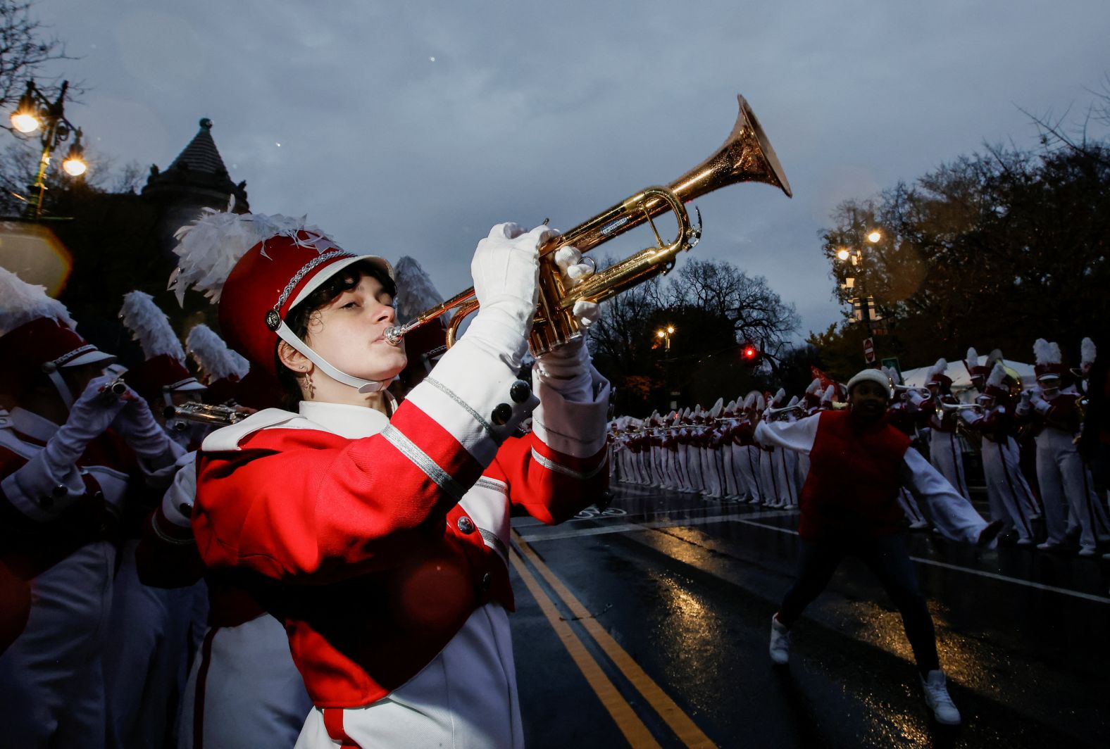 A member of a marching band practices ahead of the Macy's Thanksgiving Day Parade on Thursday.