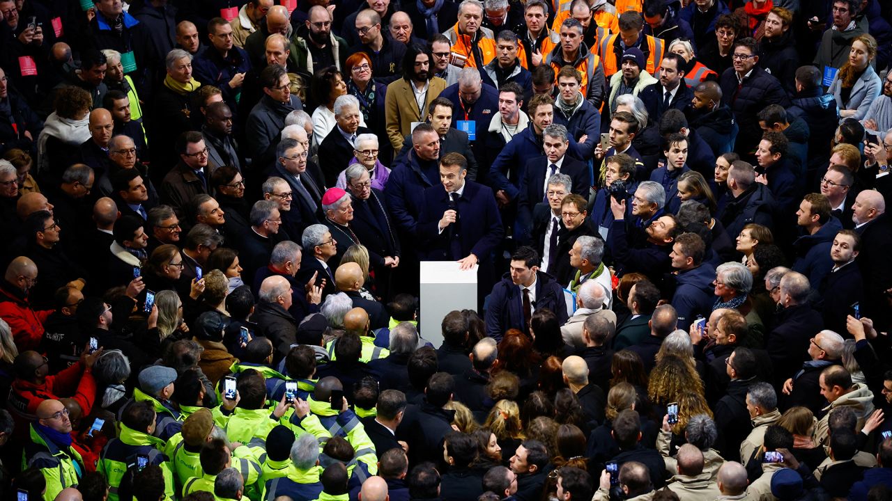 French President Emmanuel Macron delivers a speech during a visit to the Notre-Dame de Paris Cathedral, which was ravaged by a fire in 2019, as restoration works continue before its reopening, in Paris, France, November 29, 2024. REUTERS/Sarah Meyssonnier/Pool